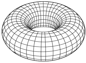 Black-and-white structural architectural drawing of a ring torus from a three-quarter perspective, displaying a circular geometric doughnut shape with a hollow central opening.