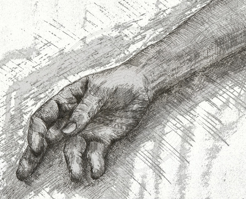 Fig. 2.0.05: The Real Estate Exorcism: Leaving the Corpse (2013). A sketch of a limp, lifeless hand and forearm resting on a surface.