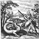 The Book of Lambspring. A dense, wooded forest clearing where a practitioner confronts a fierce, unchained black quadruped beast pacing across the terrestrial floor.