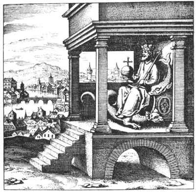 An alchemical copperplate engraving depicting a crowned sovereign king seated triumphantly upon a formal throne structure placed directly on the back of a large, submissive dragon.