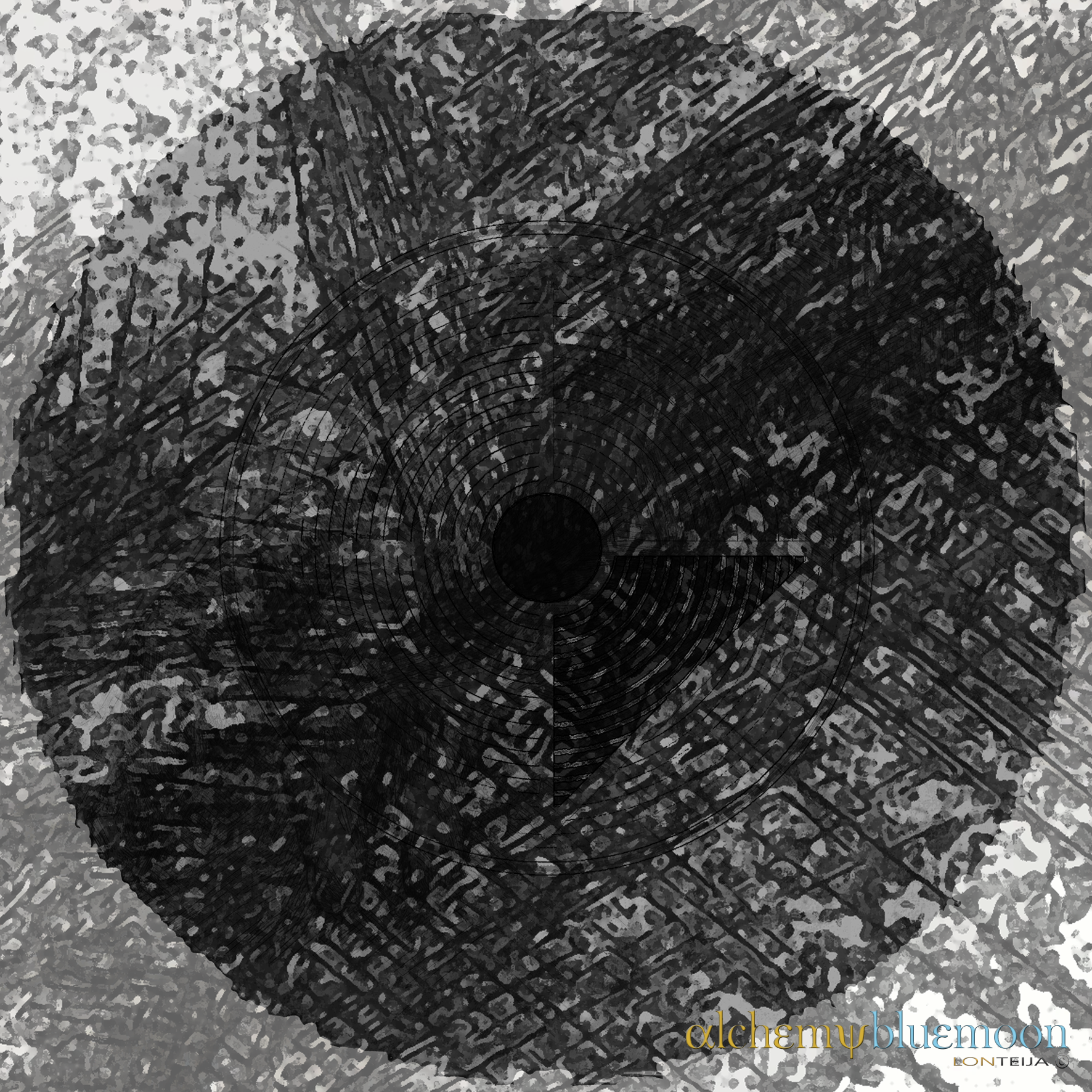 Fig. 2.0.04: The Union with the Venom: The Slaying of the Dragon (2013). Abstract circular alchemical artwork featuring a dark concentric spiral pattern centred around a black void.