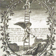 Mutus Liber. A sleeping traveller beneath a vertical ladder, flanked by two winged angels blowing trumpets into the earth, all enclosed within an oval border of thorny rose branches.