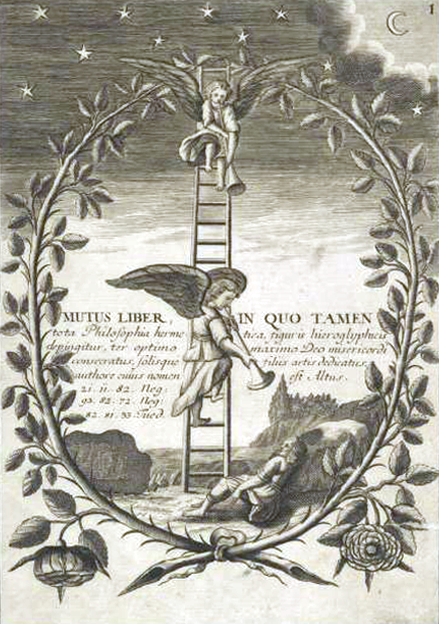 An alchemical copperplate engraving depicting a sleeping traveler beneath a vertical ladder, flanked by two winged angels blowing trumpets into the earth, all enclosed within an oval border of thorny rose branches.