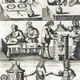 Mutus Liber. Three horizontal panels showing a man and woman using scales and knives at a laboratory table, sealing a glass retort inside a brick castle tower, and a lower panel featuring a Sun-headed man and a Moon-headed warrior holding hands on the open ground next to a furnace.