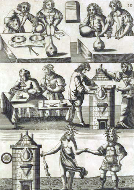 An alchemical copperplate engraving divided into three horizontal panels showing a man and woman using scales and knives at a laboratory table, sealing a glass retort inside a brick castle tower, and a lower panel featuring a Sun-headed man and a Moon-headed warrior holding hands on the open ground next to a furnace.