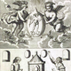 Mutus Liber. Two large angels in the clouds holding a sealed glass retort that encloses Mercury standing directly atop the sun, moon, and stars beneath a giant radiant Sun, positioned above a kneeling man and woman flanking a brick furnace tower framed by four open windows.