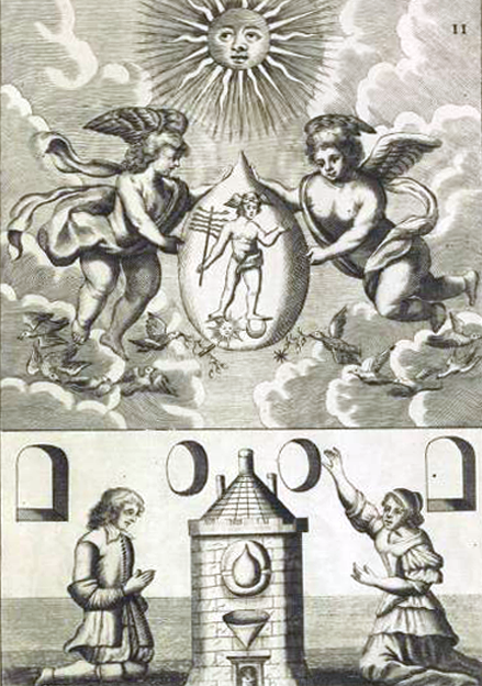 An alchemical copperplate engraving showing two large angels in the clouds holding a sealed glass retort that encloses Mercury standing directly atop the sun, moon, and stars beneath a giant radiant Sun, positioned above a kneeling man and woman flanking a brick furnace tower framed by four open windows.
