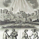 Mutus Liber. A massive triangular cone of light rays showering down over a village of houses onto six open basins, positioned above a lower panel featuring a woman pouring liquid into a heavy storage jar and presenting it to Mercury on the open ground.