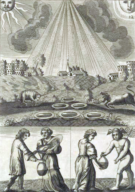 An alchemical copperplate engraving showing a massive triangular cone of light rays showering down over a village of houses onto six open basins, positioned above a lower panel featuring a woman pouring liquid into a heavy storage jar and presenting it to Mercury on the open ground.