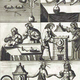 Mutus Liber. Three horizontal panels showing a man and woman performing final laboratory actions with scales, funnels, and brick castle towers, positioned above a lower panel featuring a Sun-headed man and a Moon-headed warrior holding hands on the flat ground next to printed text strings reading 100, 1000, 10000.