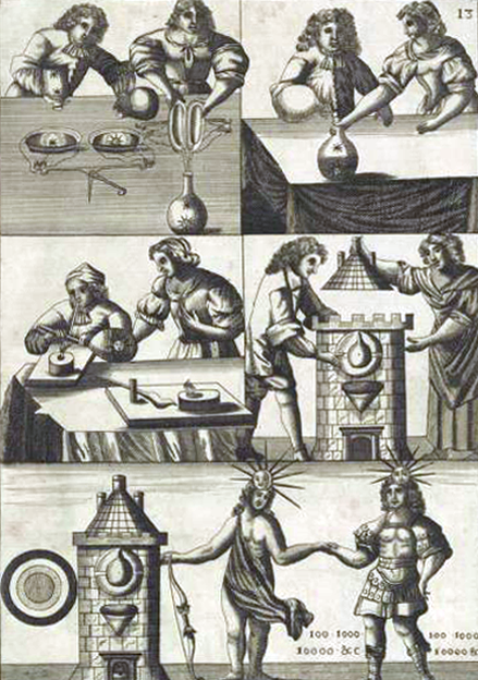 An alchemical copperplate engraving divided into three horizontal panels showing a man and woman performing final laboratory actions with scales, funnels, and brick castle towers, positioned above a lower panel featuring a Sun-headed man and a Moon-headed warrior holding hands on the flat ground next to printed text strings reading 100, 1000, 10000.
