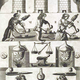 Mutus Liber. Three horizontal panels showing three identical brick furnace towers at the top, a middle row of operators spinning wool and using balance scales over sun-marked crucibles, and a lower row of two figures holding fingers to their lips while pointing upward toward Latin text.