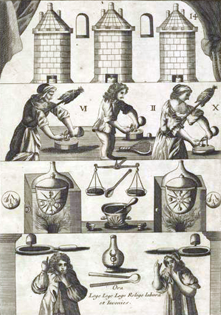 An alchemical copperplate engraving divided into three horizontal panels showing three identical brick furnace towers at the top, a middle row of operators spinning wool and using balance scales over sun-marked crucibles, and a lower row of two figures holding fingers to their lips while pointing upward toward Latin text.