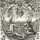 Mutus Liber. Enclosed within a large circular branch wreath, showing two angels crowning a man floating in the clouds beneath the Sun, positioned above a dead body next to a horizontal ladder lying flat on the earth.