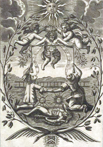 An alchemical copperplate engraving enclosed within a large circular branch wreath, showing two angels crowning a man floating in the clouds beneath the Sun, positioned above a dead body next to a horizontal ladder lying flat on the earth.