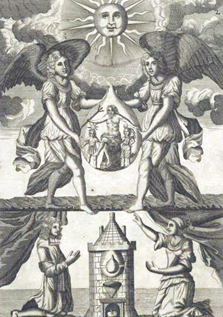 An alchemical copperplate engraving featuring a kneeling man and woman flanking a brick furnace tower, with their hands reaching toward two large angels above who hold a sealed glass retort enclosing a man, a sun-child, and a moon-child beneath a personified Sun.