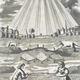 Mutus Liber. A massive triangular cone of light rays streaming from the clouds between the Sun and Moon onto a field of pegged sheets, with a man and woman in the foreground wringing a large cloth into a circular basin.
