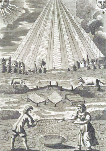 An alchemical copperplate engraving depicting a massive triangular cone of light rays streaming from the clouds between the Sun and Moon onto a field of pegged sheets, with a man and woman in the foreground wringing a large cloth into a circular basin.
