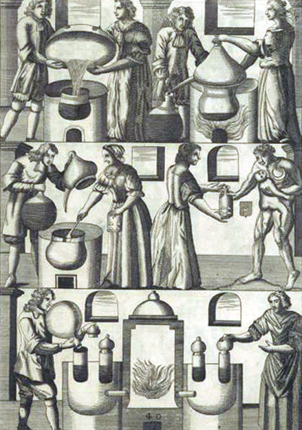An alchemical copperplate engraving divided into three horizontal panels charting a man and woman managing an alchemical laboratory, featuring furnaces, the pouring of liquid, a woman passing a small glass bottle to a man holding a naked infant, and a complex central fire feeding four interconnected distillation retorts.