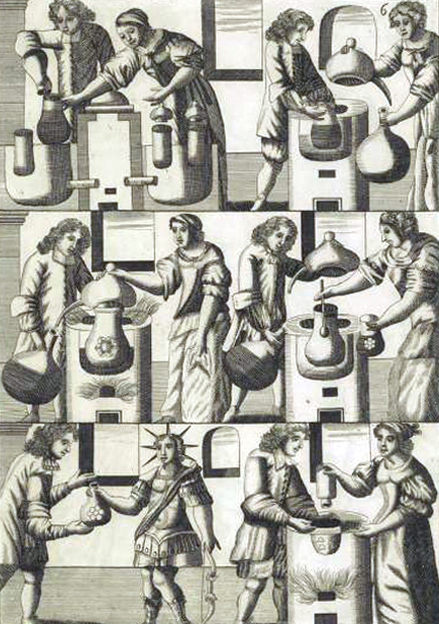 An alchemical copperplate engraving across three horizontal panels showing a man and woman managing an alchemical lab, featuring glass retorts stamped with distinct flower emblems, a young king wearing a sun-ray crown, and a furnace pot marked with a matching royal crown symbol.
