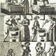 Mutus Liber. Three horizontal panels showing a man and woman managing an alchemical lab, featuring filtration tables, a furnace pot marked with a tower symbol, a bearded man holding a baby inside a bonfire, a man wrestling a serpent in a tub, and a warrior with a large raised sword.