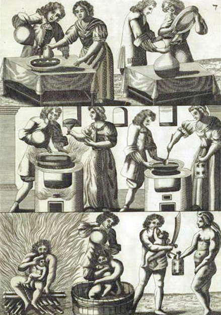 An alchemical copperplate engraving across three horizontal panels showing a man and woman managing an alchemical lab, featuring filtration tables, a furnace pot marked with a tower symbol, a bearded man holding a baby inside a bonfire, a man wrestling a serpent in a tub, and a warrior with a large raised sword.