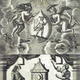 Mutus Liber. Two horizontal panels, showing two large angels in the clouds holding a sealed glass retort that encloses Mercury standing over a conjoined Sun-Moon face beneath a radiant Sun, positioned above a kneeling man and woman flanking a domed brick furnace tower frame by two openings.
