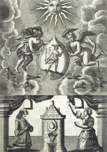 An alchemical copperplate engraving divided into two horizontal panels, showing two large angels in the clouds holding a sealed glass retort that encloses Mercury standing over a conjoined Sun-Moon face beneath a radiant Sun, positioned above a kneeling man and woman flanking a domed brick furnace tower frame by two openings.