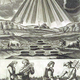 Mutus Liber. A massive triangular cone of light rays streaming onto a countryside field with six open basins arranged on the earth, positioned above a lower panel showing a man and woman wringing a cloth on the left, and the woman directly receiving a sealed flask from Mercury on the open ground on the right.