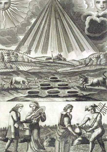 An alchemical copperplate engraving featuring a massive triangular cone of light rays streaming onto a countryside field with six open basins arranged on the earth, positioned above a lower panel showing a man and woman wringing a cloth on the left, and the woman directly receiving a sealed flask from Mercury on the open ground on the right.