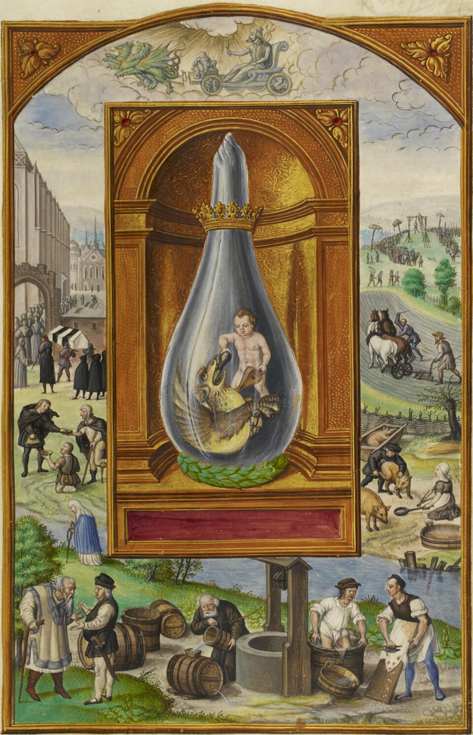Alchemical manuscript painting of a naked child wrestling a golden winged dragon inside a glass flask.