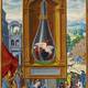 Splendor Solis. Three birds fighting inside a crowned glass flask.