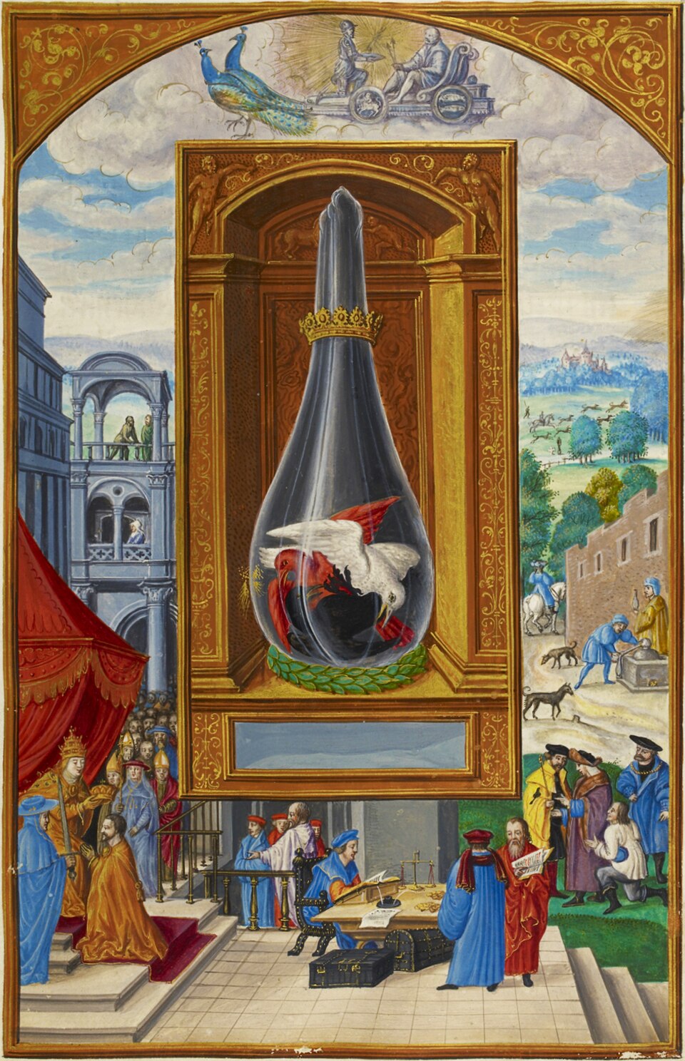Alchemical manuscript illustration of three birds fighting inside a crowned glass flask.