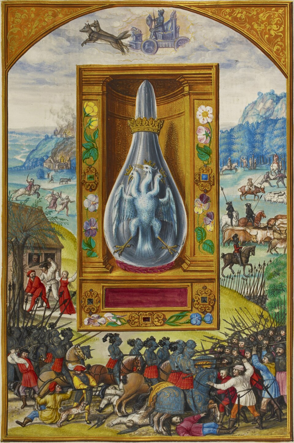 Alchemical manuscript miniature of a three-headed white bird in a flask, set above a battlefield.