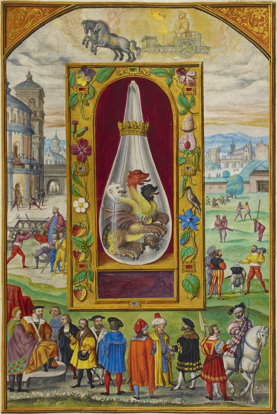 Alchemical painting of a three-headed winged dragon with white, black, and red heads inside a flask.
