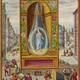 Splendor Solis. A lunar queen holding a sceptre inside a glass flask with a blue halo.