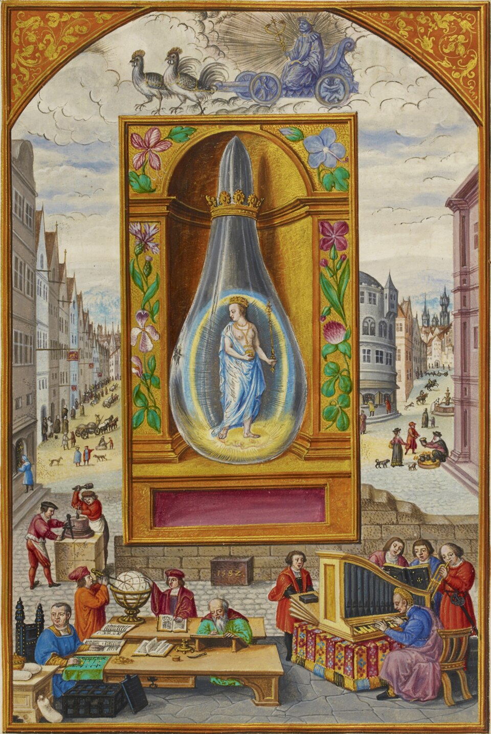 Alchemical illustration of a lunar queen holding a sceptre inside a glass flask with a blue halo.