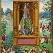 Alchemical painting of a peacock inside a glass flask, positioned above figures at an outdoor banquet.
