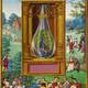 Alchemical painting of a peacock inside a glass flask, positioned above figures at an outdoor banquet.