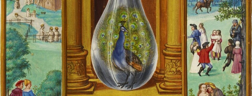 Alchemical painting of a peacock inside a glass flask, positioned above figures at an outdoor banquet.