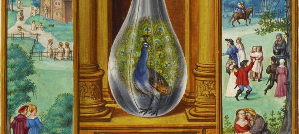 Alchemical painting of a peacock inside a glass flask, positioned above figures at an outdoor banquet.