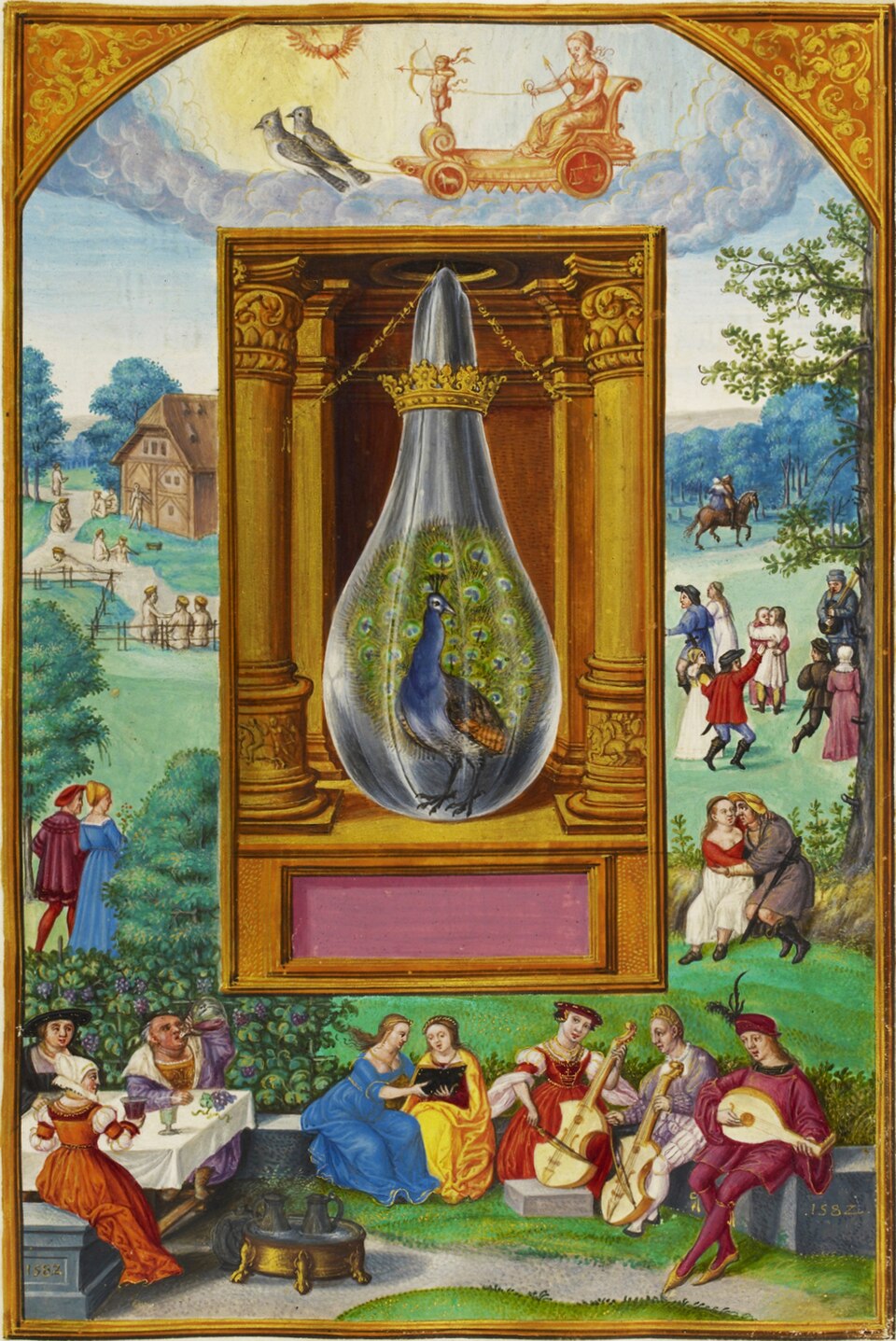 Alchemical painting of a peacock inside a glass flask, positioned above figures at an outdoor banquet.