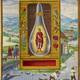 Splendor Solis. A crimson-robed king standing on a crescent moon inside a glass flask.