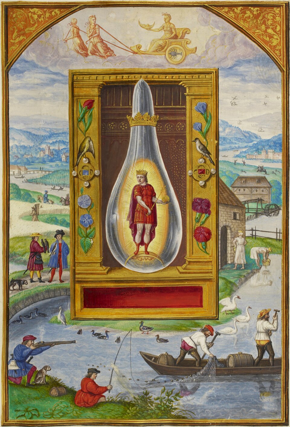 Alchemical miniature of a crimson-robed king standing on a crescent moon inside a glass flask.