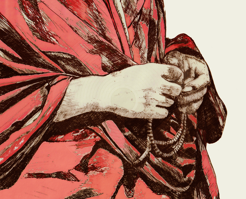 Fig. 4.0.02: The Triptych of the Red Monk (2014). Sketch of hands gripping prayer beads, wrapped in the heavy folds of a vibrant crimson monk’s robe.
