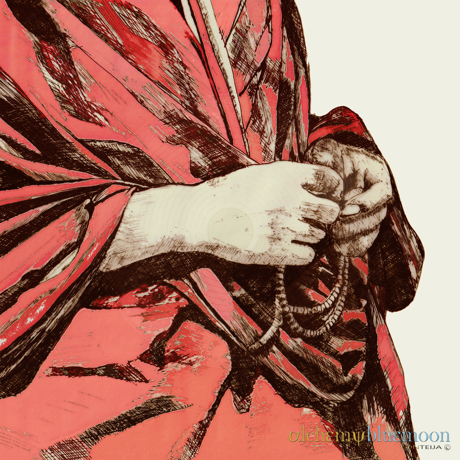 Fig. 4.0.02: The Triptych of the Red Monk (2014). Sketch of hands gripping prayer beads, wrapped in the heavy folds of a vibrant crimson monk’s robe.