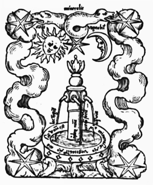 Black and white woodcut of a central fountain with three spouts pouring water into a large square basin.