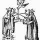 Rosarium Philosophorum. A clothed King and Queen standing above a central fountain, holding sceptres and joining left hands.