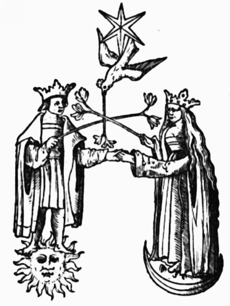 Woodcut of a clothed King and Queen standing above a central fountain, holding scepters and joining left hands.