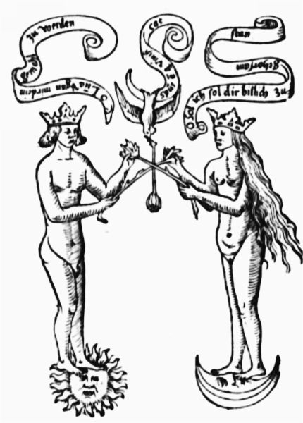 Woodcut of a naked King and Queen standing together under a falling dove, stripping away their garments.
